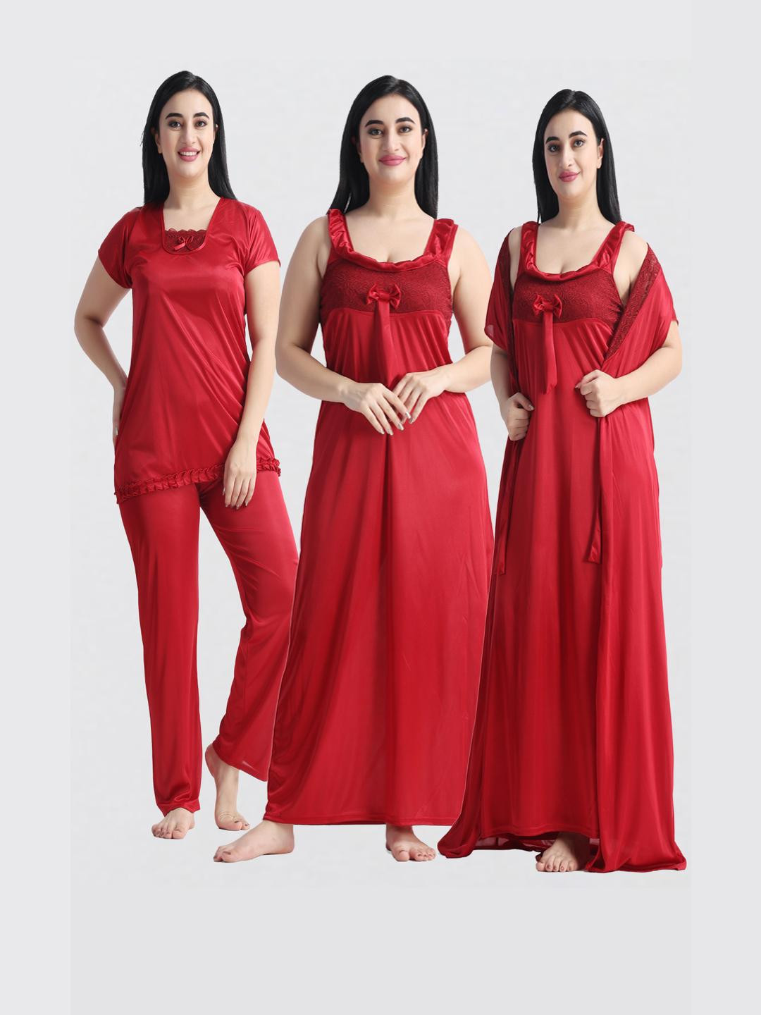 NIGHT KEYS Women Pack of 3 Solid Satin Nighty With Robe & Night Suit
