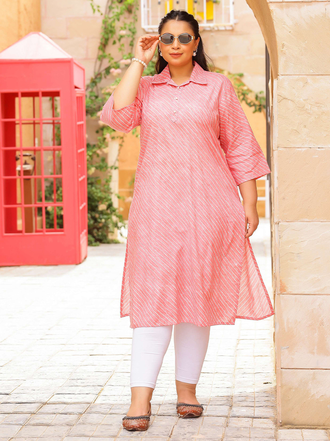 FLAVIA CREATION Plus Size Leheriya Printed Shirt Collar Straight Cotton Kurta