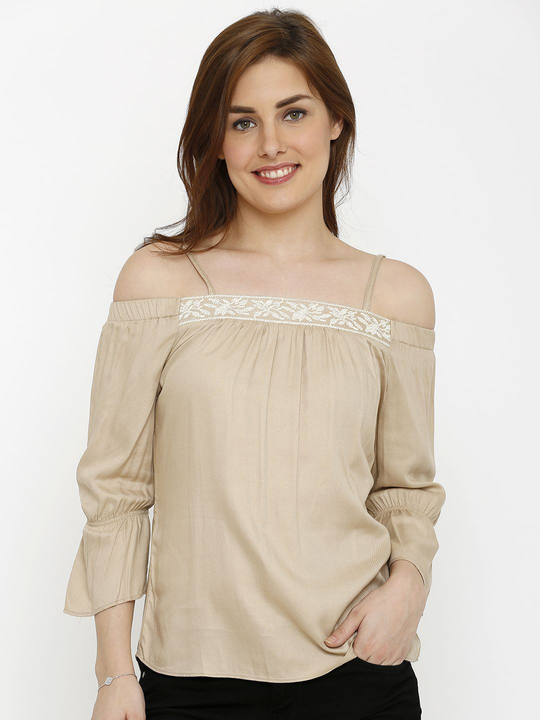 Kraus Jeans Women Solid Bell Sleeve Bardot Top