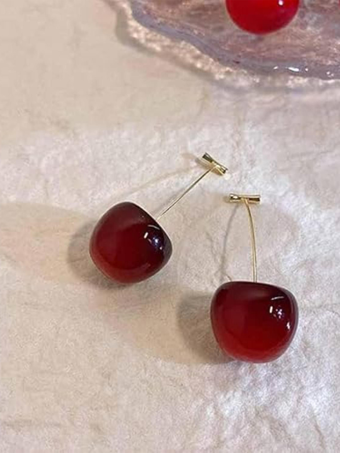 DN ENTERPRISES Gold-Plated Korean Fruit Cherry  Quirky Shaped Drop Earrings