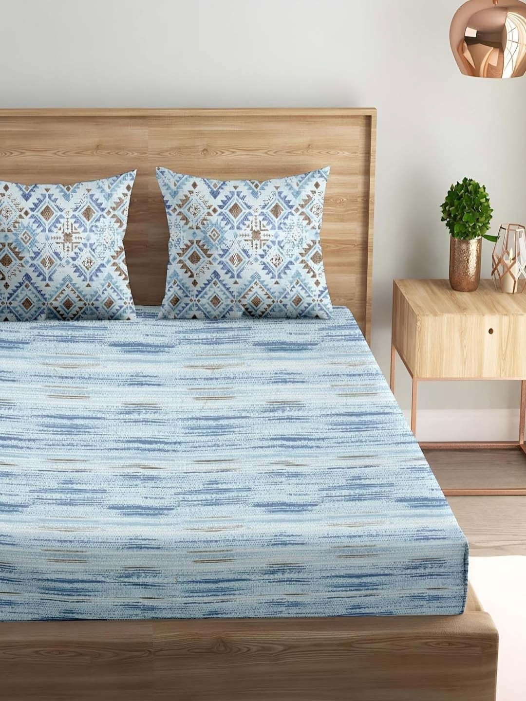 Trance Home Linen Dhariya Blue Printed Cotton 180 TC Queen Bedsheet Set 1.91 x 1.22 m