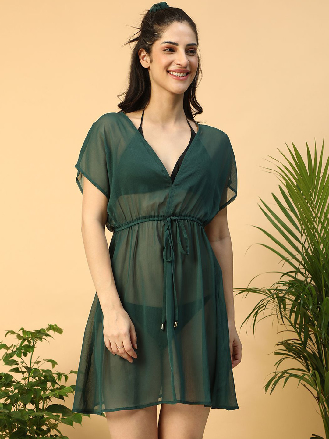 Oxolloxo Women Solid V-Neck Short Sleeve With Tie-Up Detail Knee-Length Beachwear Kaftan