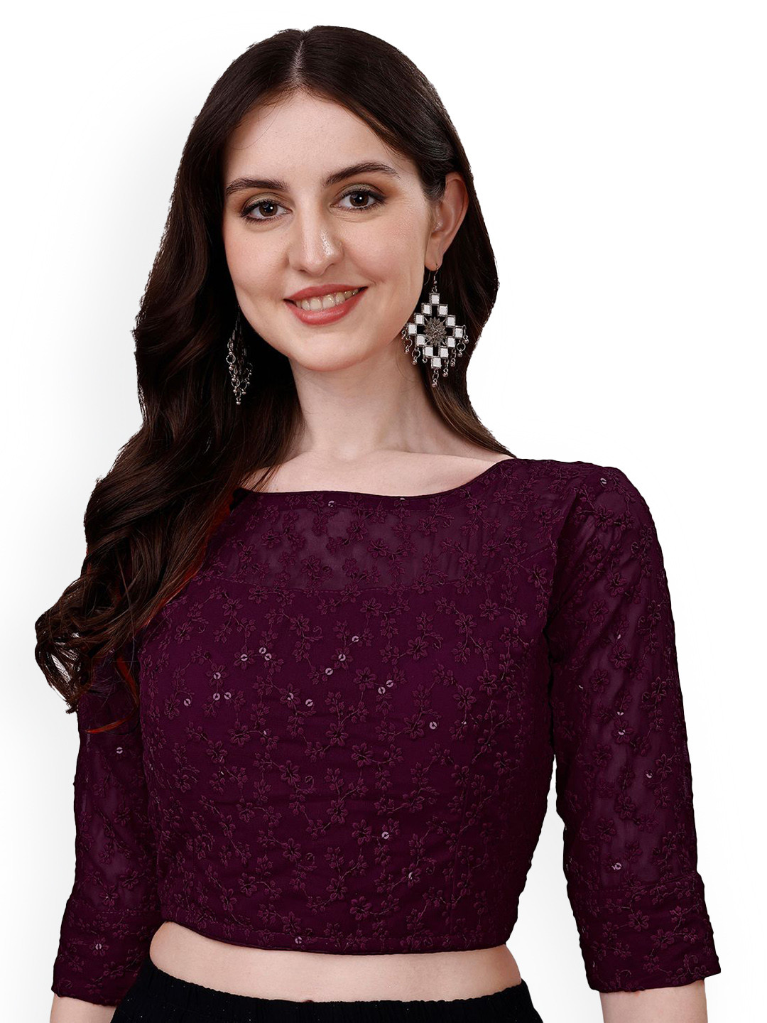 HERE&NOW Embroidered Round Neck Fancy Sifli Work Readymade Saree Blouse