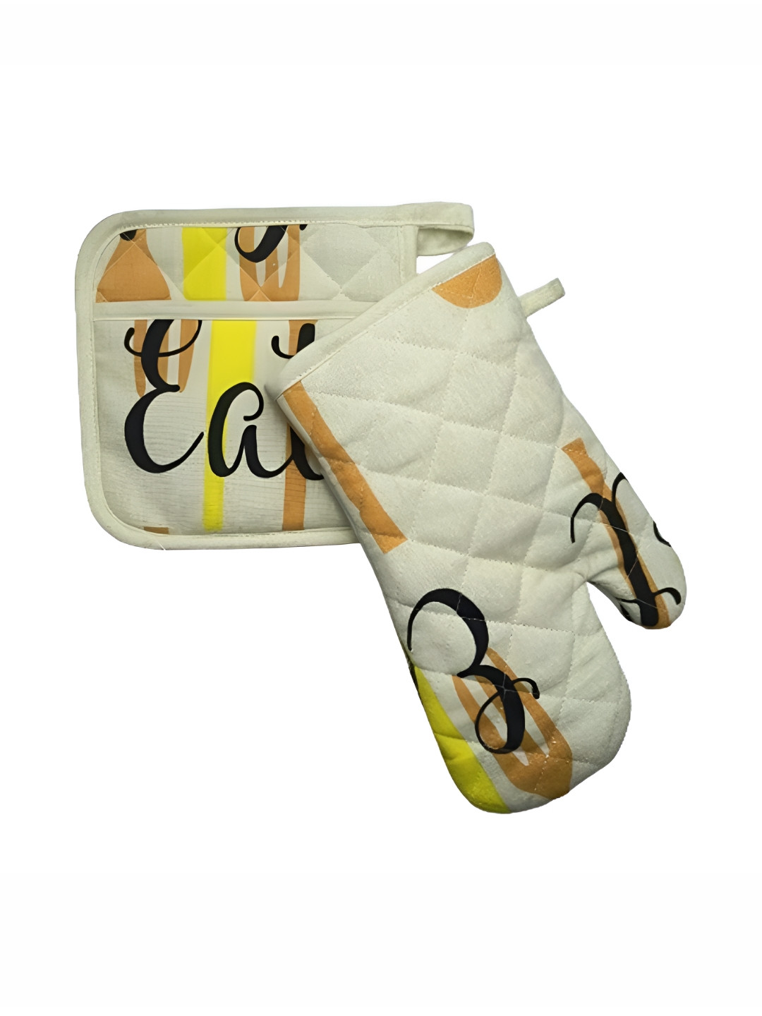 Attica Tracery 2-Pcs Yellow & Black Printed Cotton Mitts & Pot Holders KitchenLinenSets