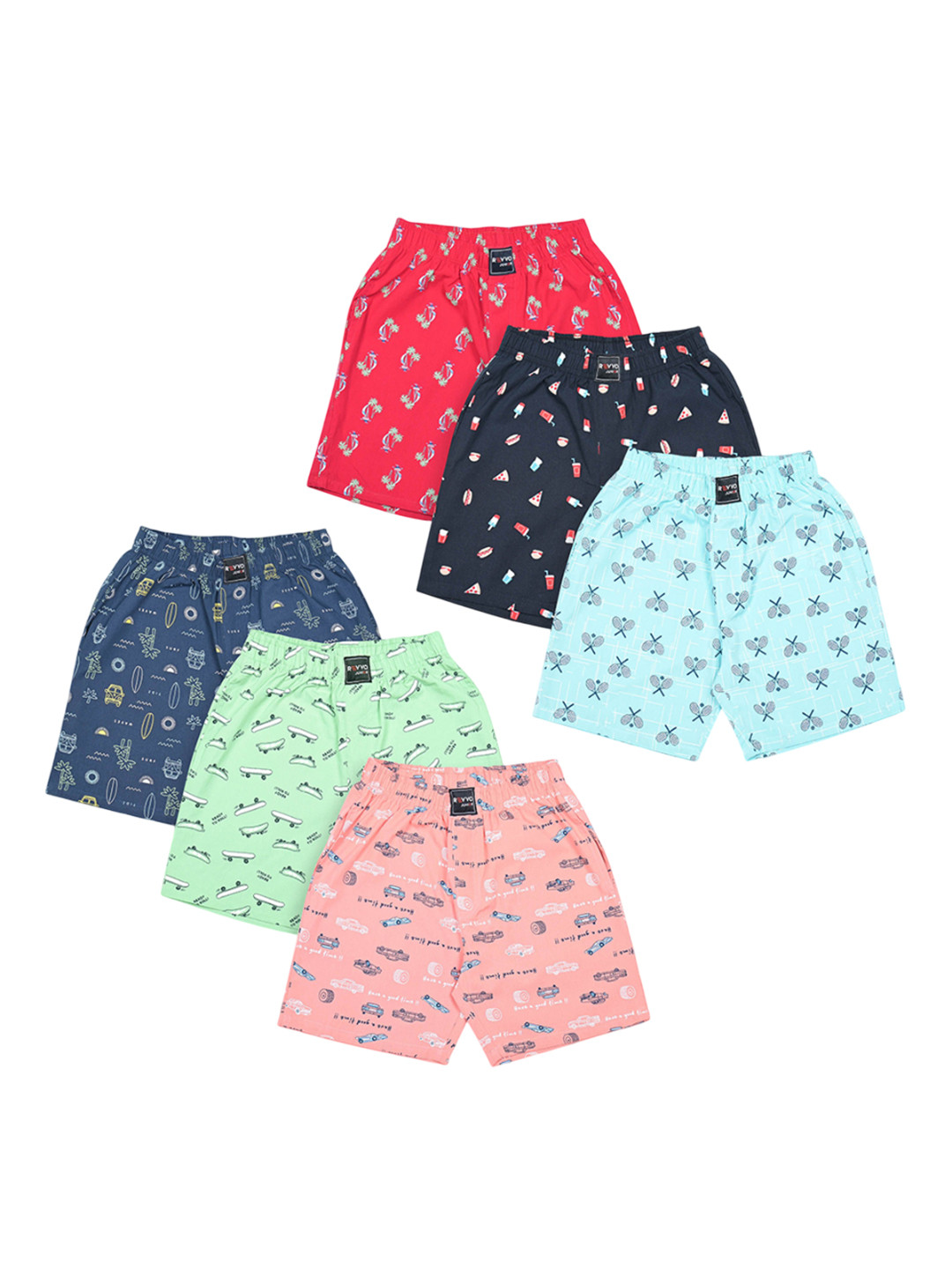 Revvo Junior 6Pcs Printed Boxers RTS-701-NAVY BLUE,MINT GREEN,PEACH/RED,NAVY,SKY