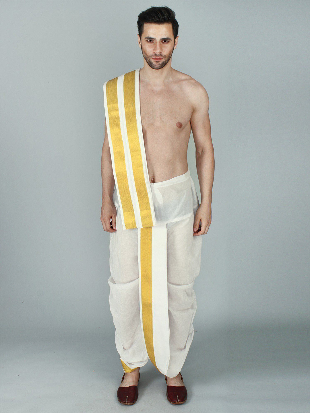 Exotic India Men Pure Cotton Dhoti and Veshti Ready To Wear Set with Zari Woven Border