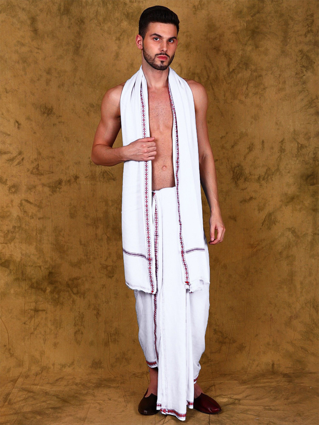 Exotic India Jute Fiber Dhoti with Angavastram Set and Thread Woven Border from Varanasi