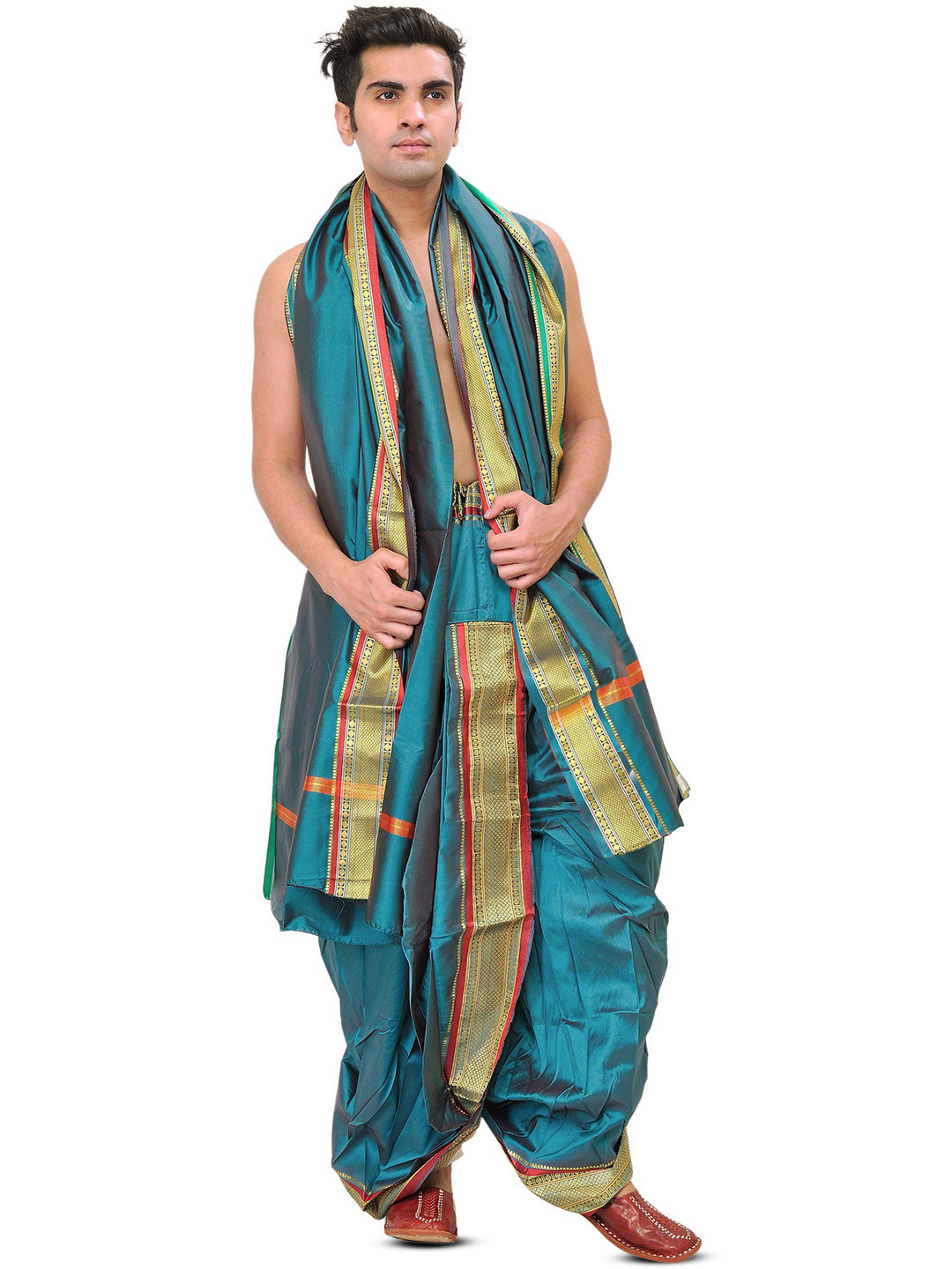 Exotic India Printed Ready to Wear Dhoti Pants and Veshti Set with Woven Golden Border