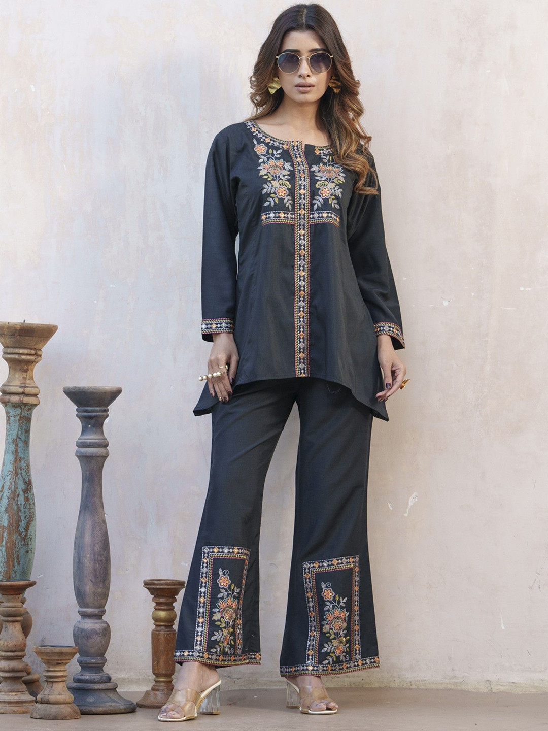 AUTUMN LANE Tashvika Marine Embroidered  Top With Trousers Co-Ords