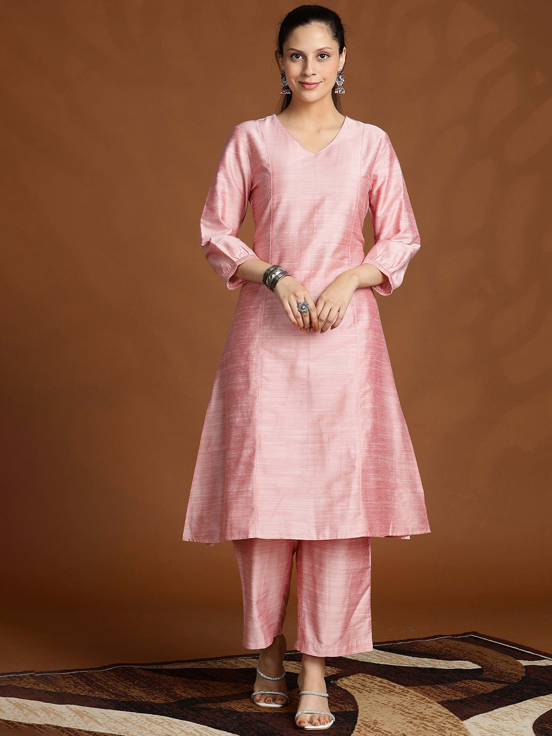 Anouk V-Neck Puffed Sleeves Panelled Kurta With Palazzos