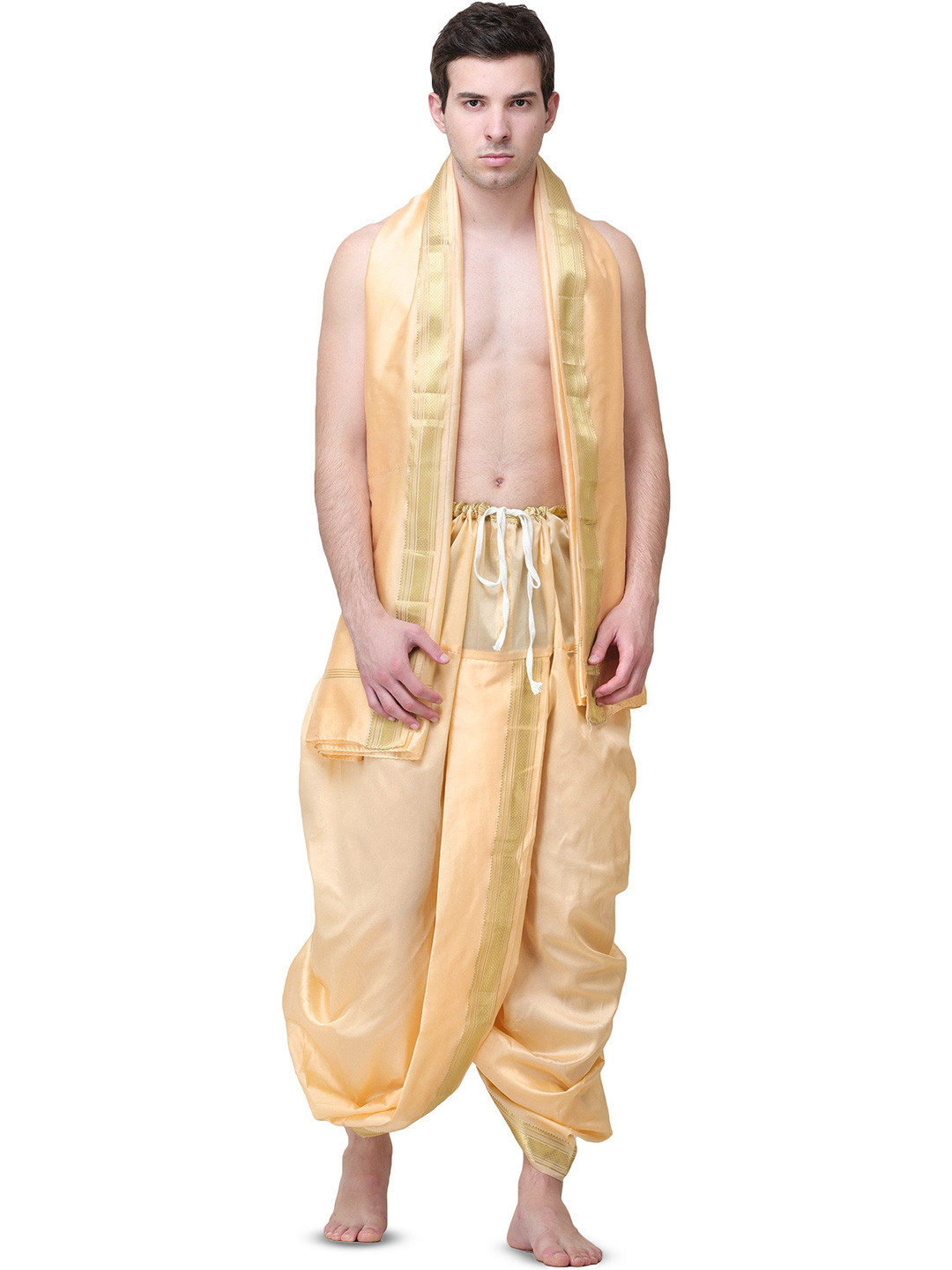 Exotic India Art Silk Woven Golden Border Ready to Wear Dhoti and Angavastram Set