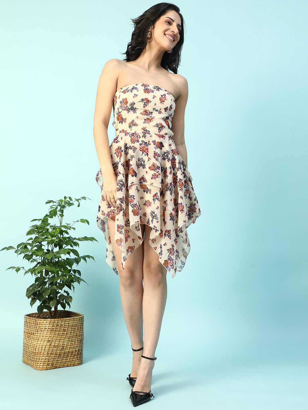 Oxolloxo Women Floral Print Off Shoulder With Tie-Knot At Back High Low Dress