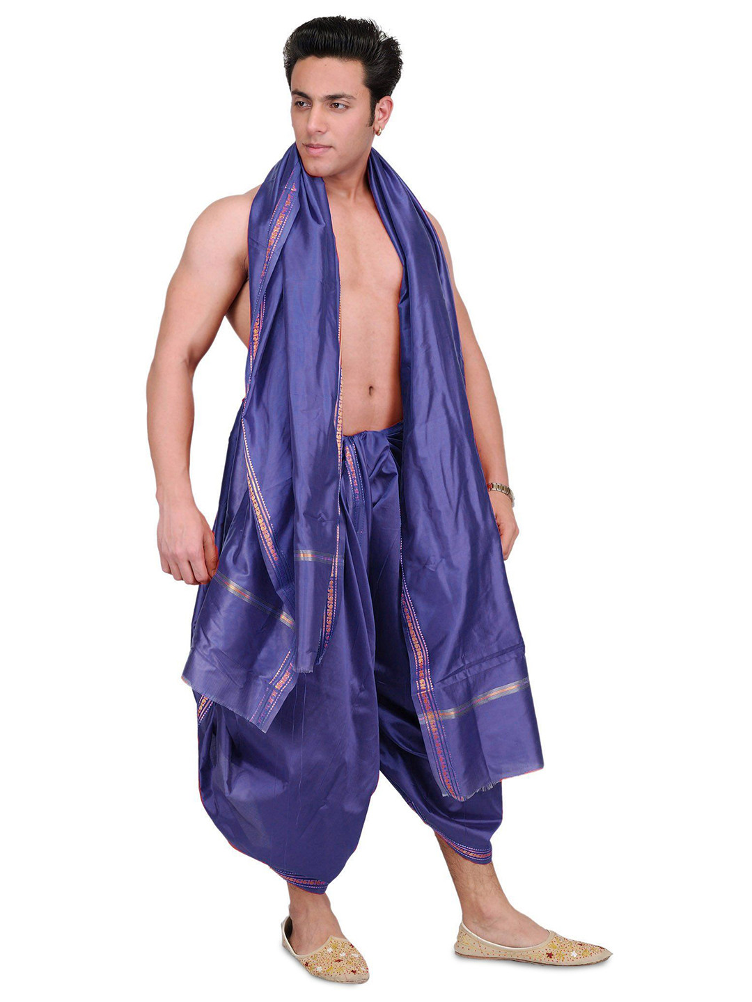 Exotic India Men Dhoti and Angavastram set with Golden Woven Paisley on Border