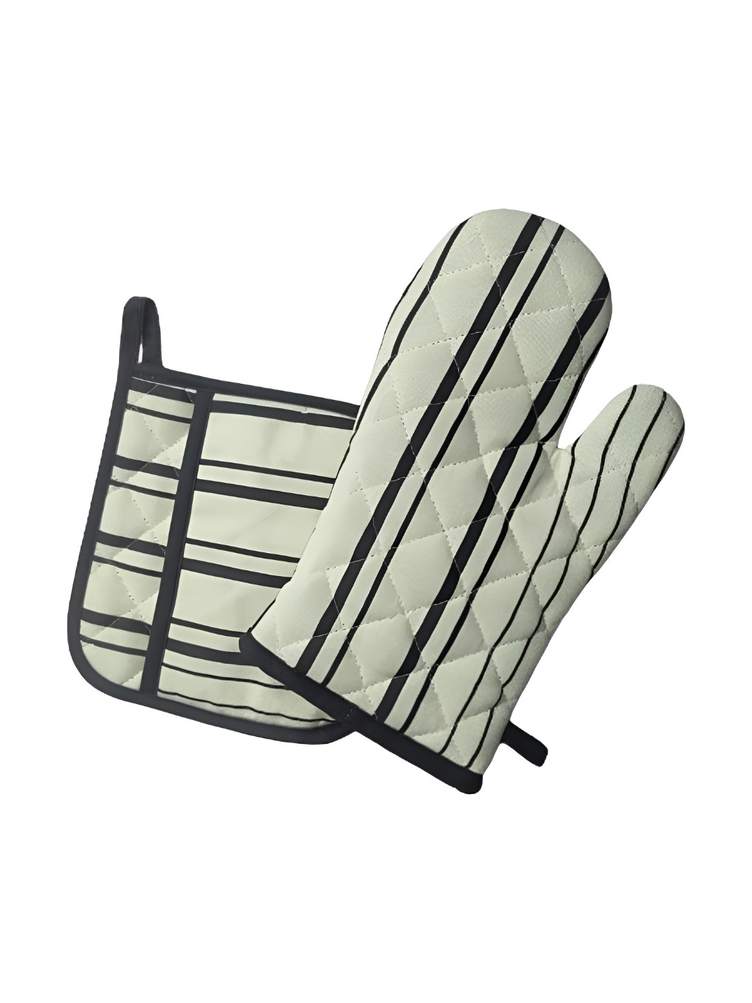 Attica Tracery 2-Pcs Beige & Black Striped Cotton Mitts & Pot Holders KitchenLinenSets