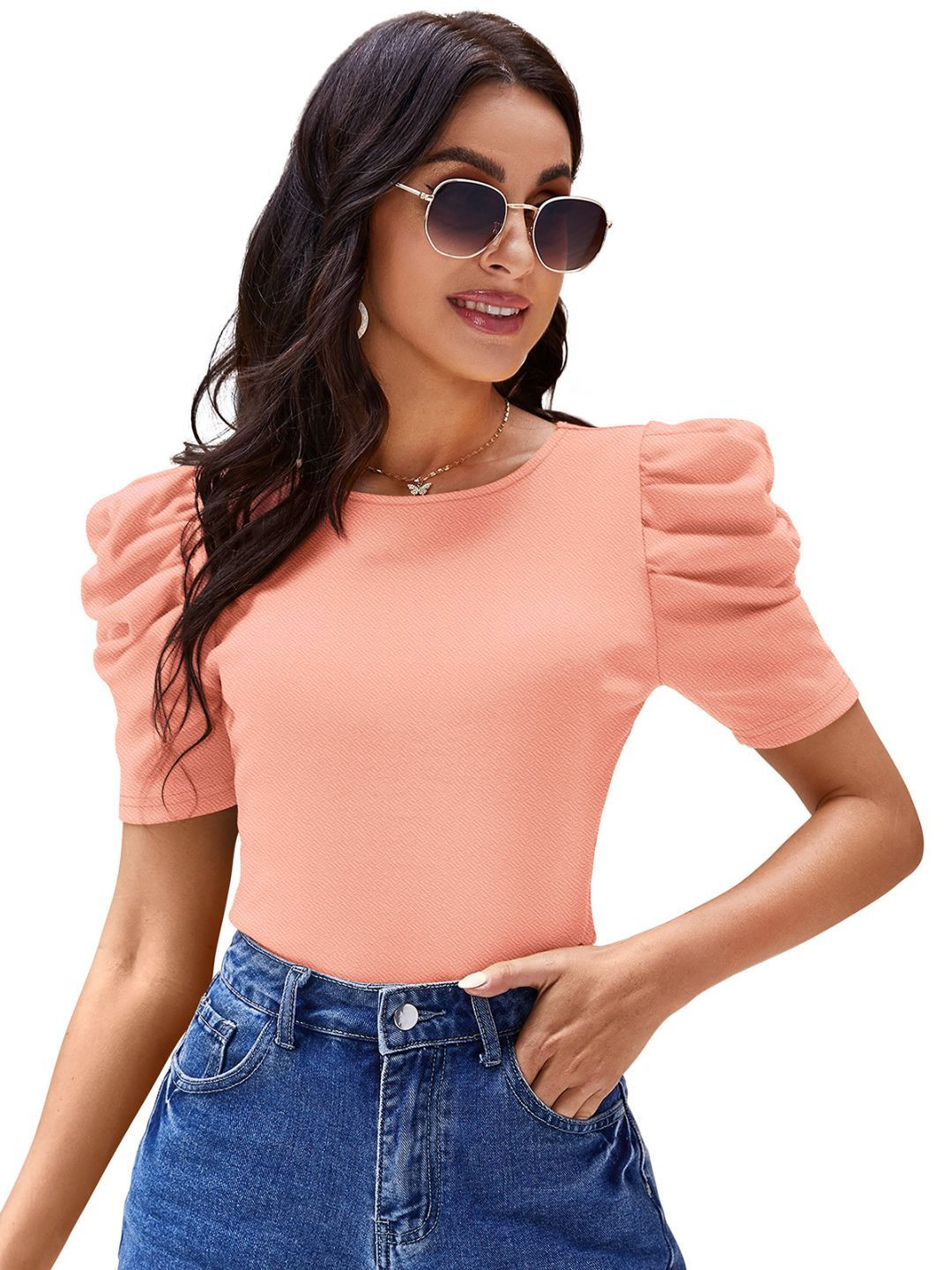 SS Sanket Synthetics Women Round Neck Puff Sleeves Top