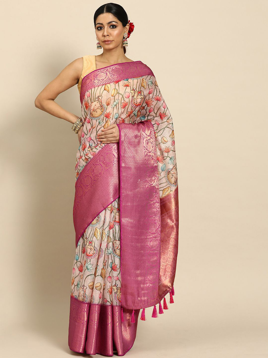 DIVASTRI Kalamkari Digital Printed Zari Muga Saree