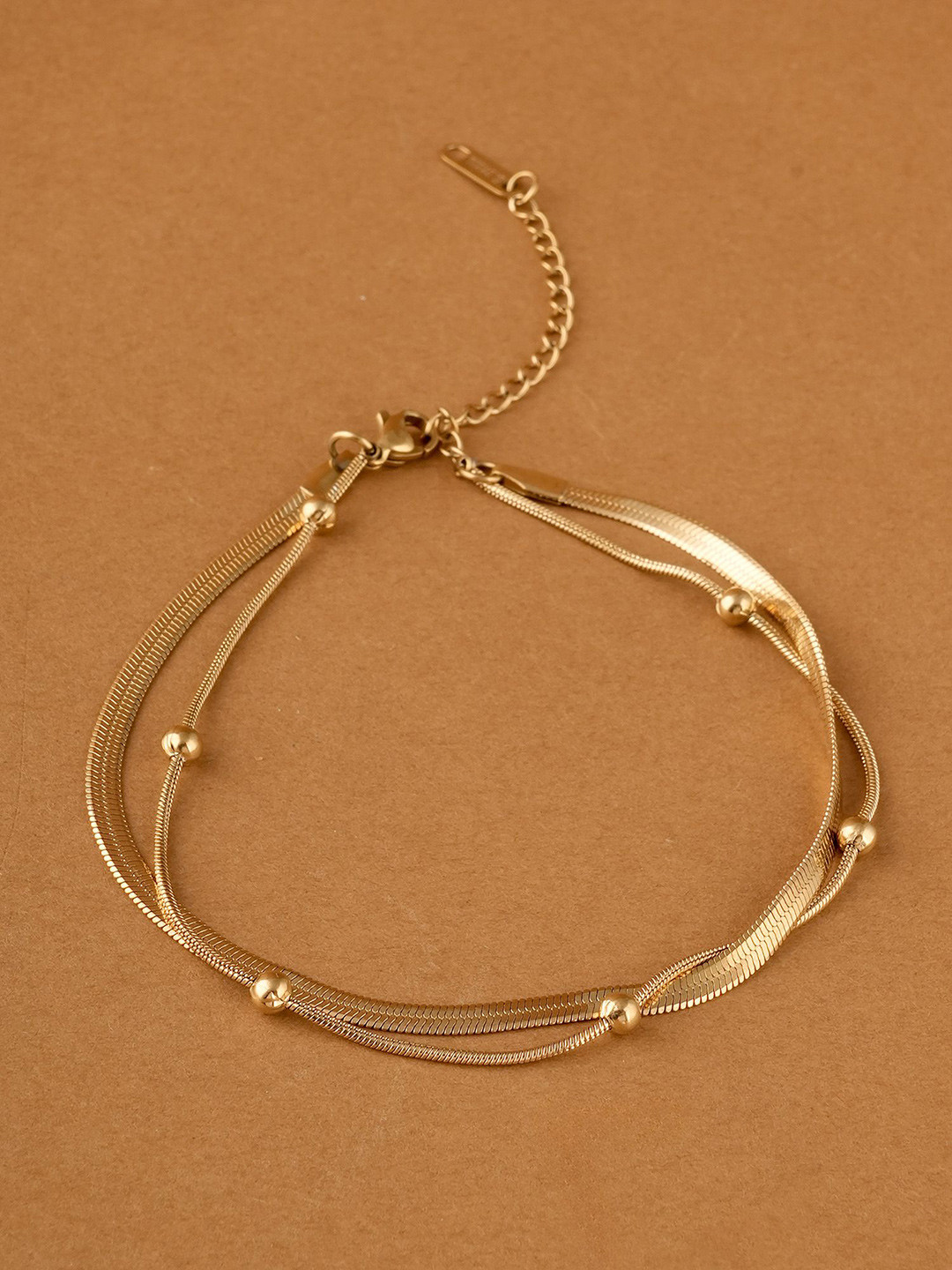 PALMONAS Gold-Plated Stainless Steel Tiny Bead Layered Waterproof & Anti-Tarnish Anklet