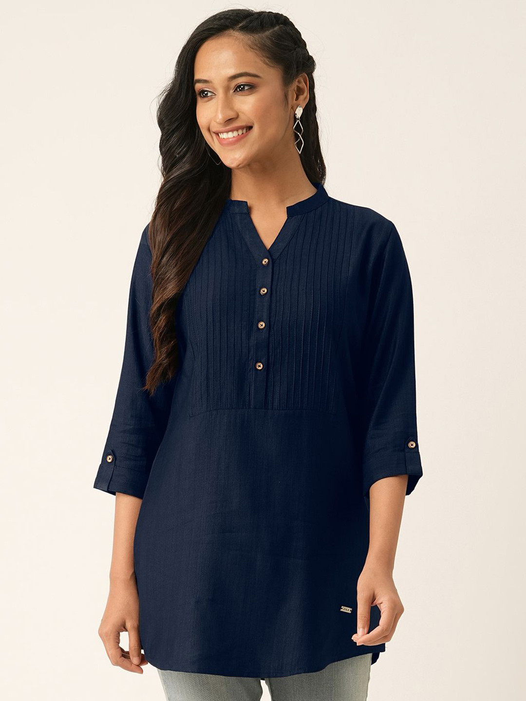 ZOLA Exclusive Mandarin Collar Rayon Solid Navy Blue Straight Tunic For Women ZOLA