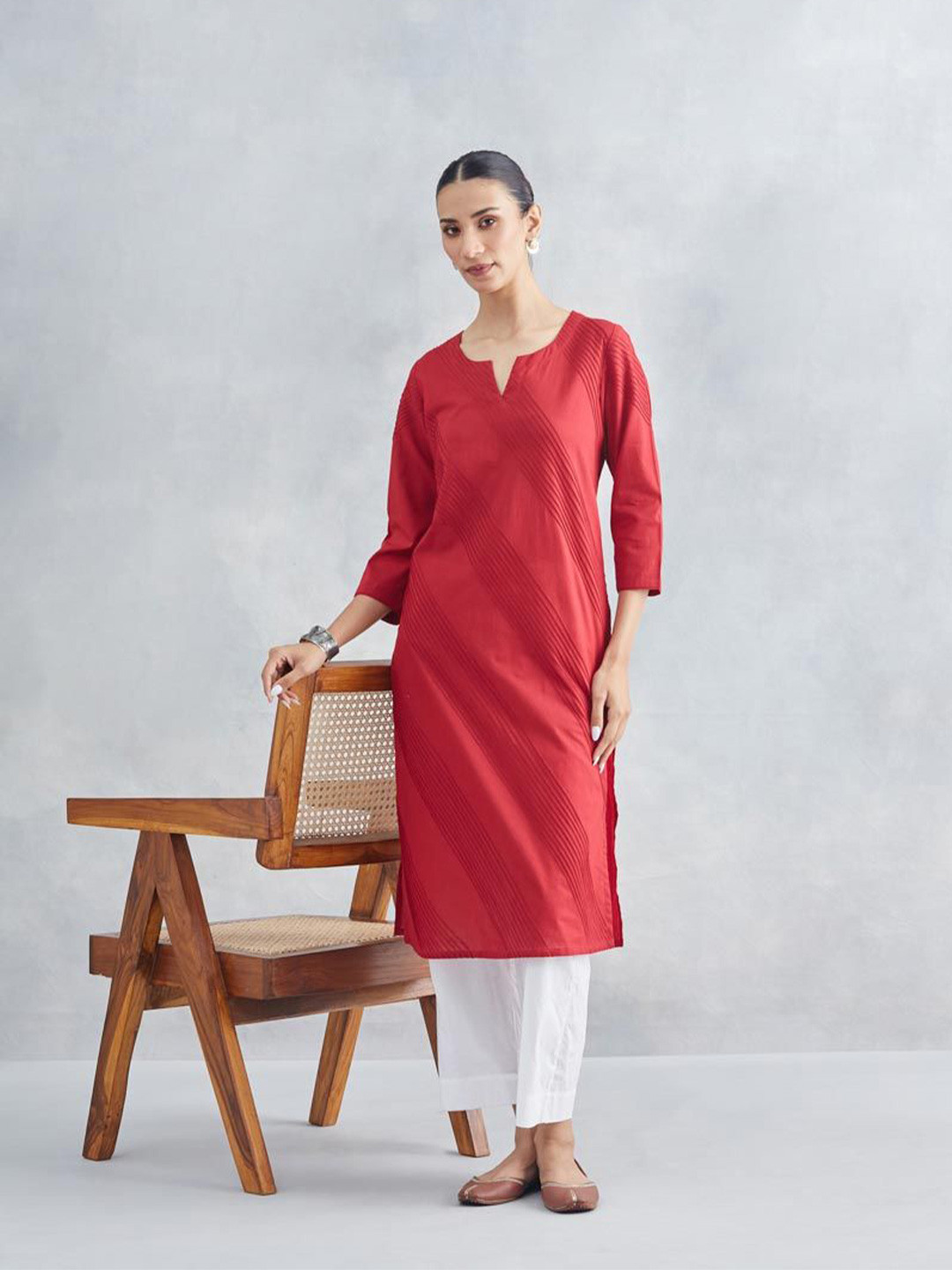 Fabindia Women V Neck Striped Print Kurta