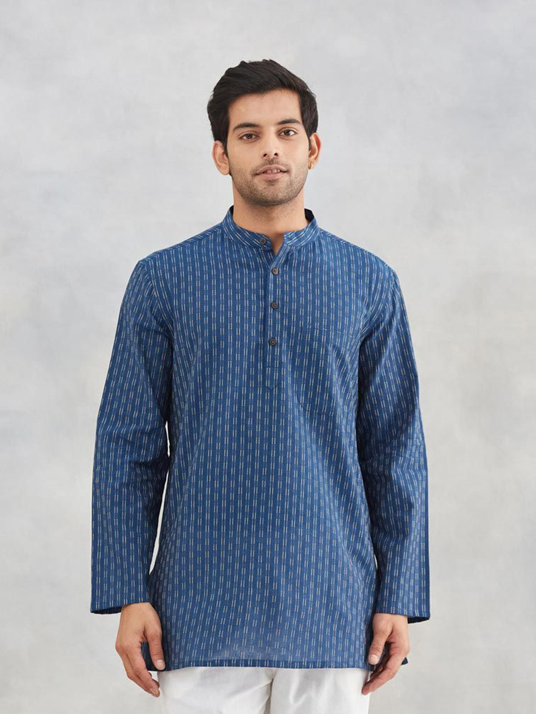 Fabindia Men Striped Woven Design Panelled Straight Above Knee Thread Work Kurta