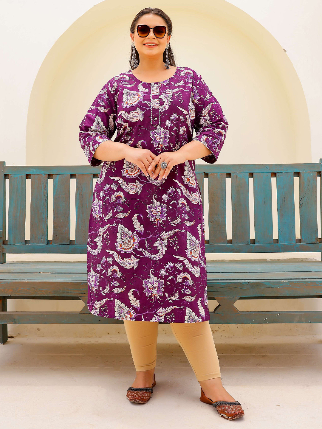 FLAVIA CREATION Plus Size Ethnic Motifs Printed Round Neck Straight Cotton Kurta