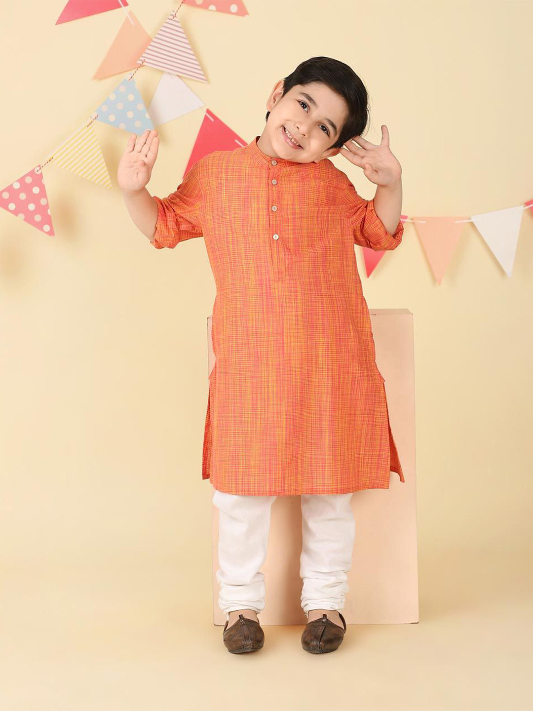 Fabindia Boys Checked Band Collar Straight Cotton Kurta