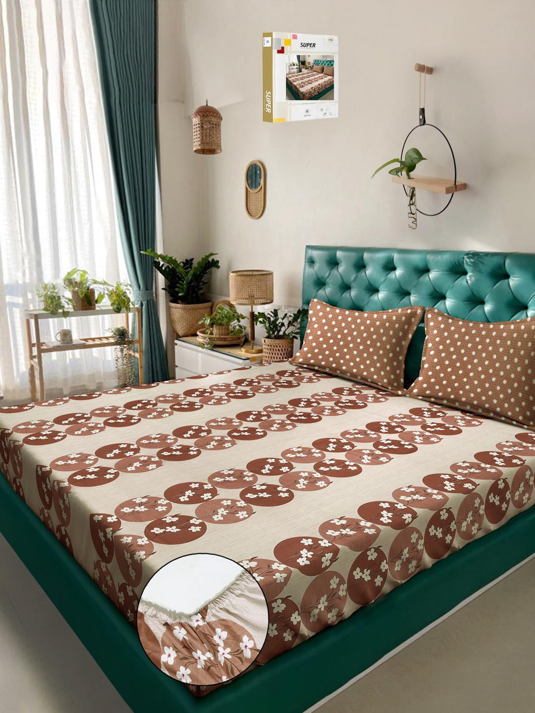 KLOTTHE Brown & White Floral Printed Cotton 400 TC King Bedsheet Sets 2.5 m x 2.25 m
