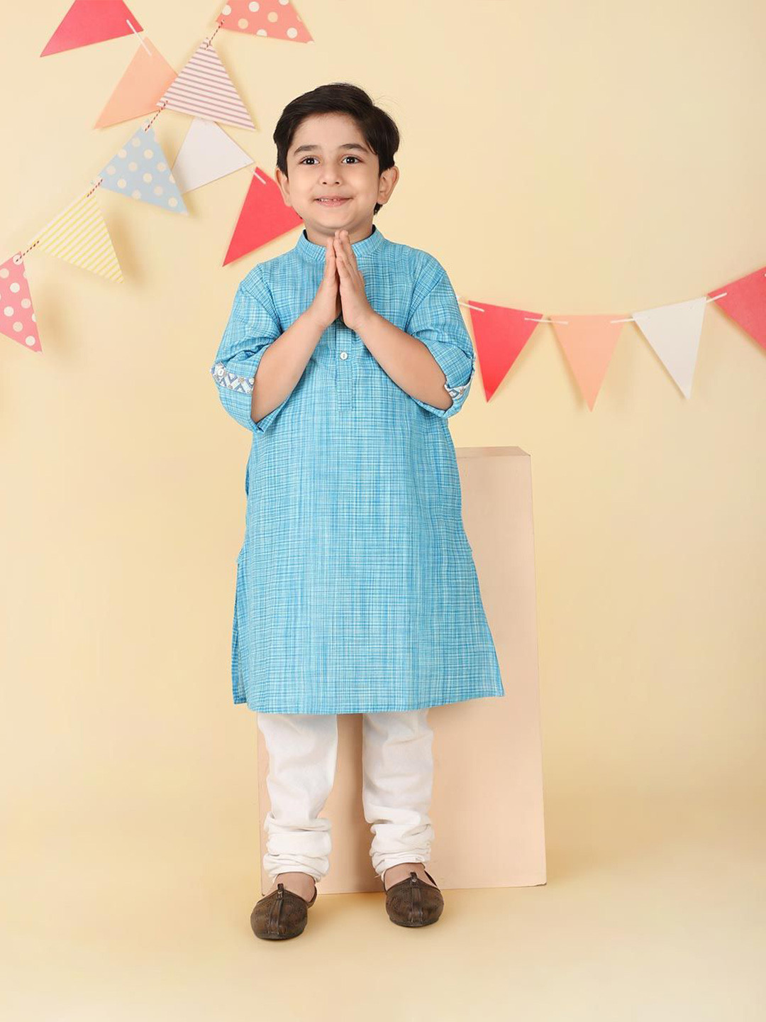 Fabindia Boys Checked Band Collar Straight Cotton Kurta