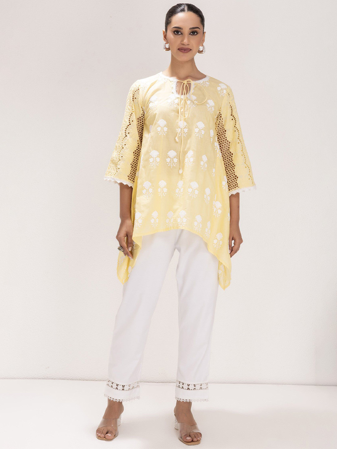SEW Women Floral Embroidered Tie-Up Neck Cotton High-Low A-line Kurta