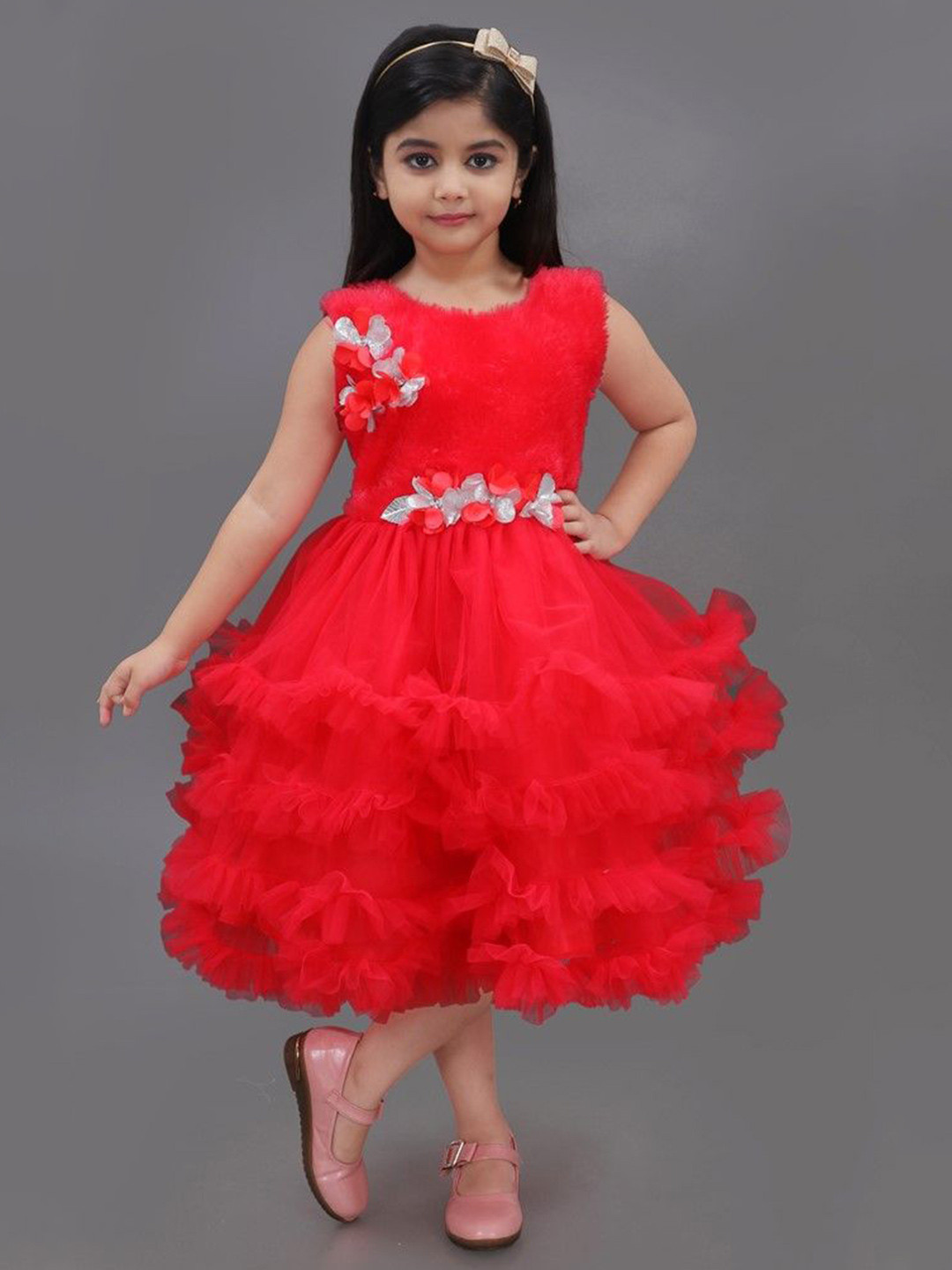 BABY HOME Girls Self Design Applique Net Fit & Flare Midi Dress