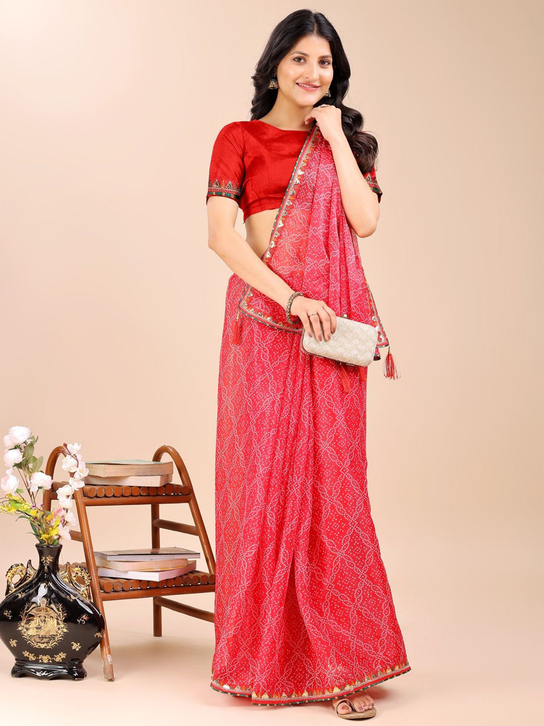 TINA FASHION Women Embellished Zari Traditional Bandhani Saree