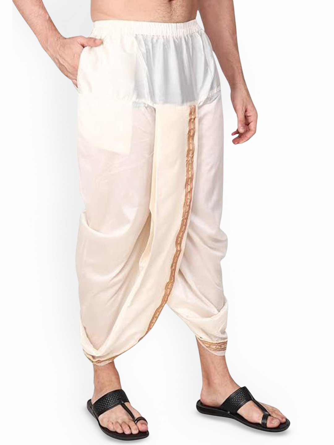 RAMESHWARAM FABRICS Men Solid Ready to Wear Dhoti and Stole With Zari Border