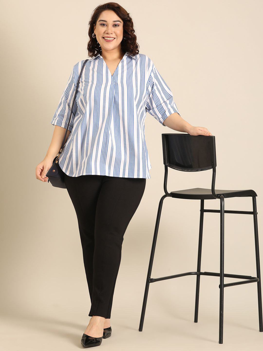 The Pink Moon Women Striped Shirt Collar Basic Formal Top