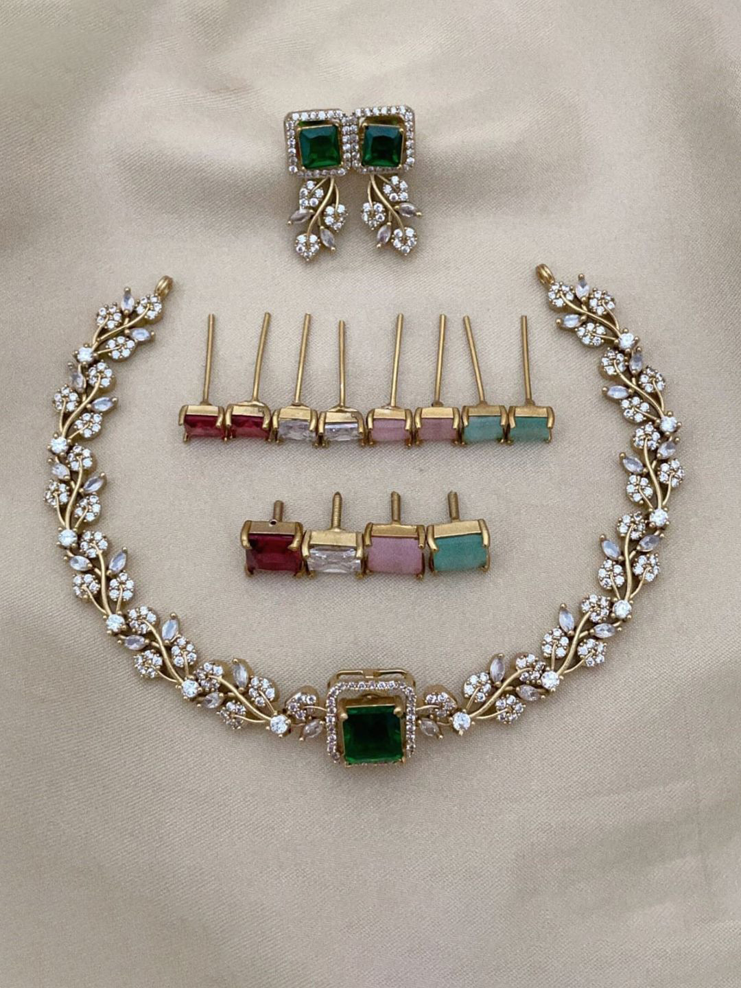 D Rio Fashions Gold-Plated Changeable Cubic Zirconia Stone Studded Jewellery Set