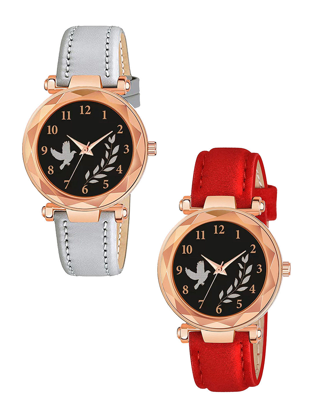 Gopal Shopcart Unisex Pack of 2 Textured Straps Analogue Watch GR379RG BIRD GREY RED Vel L