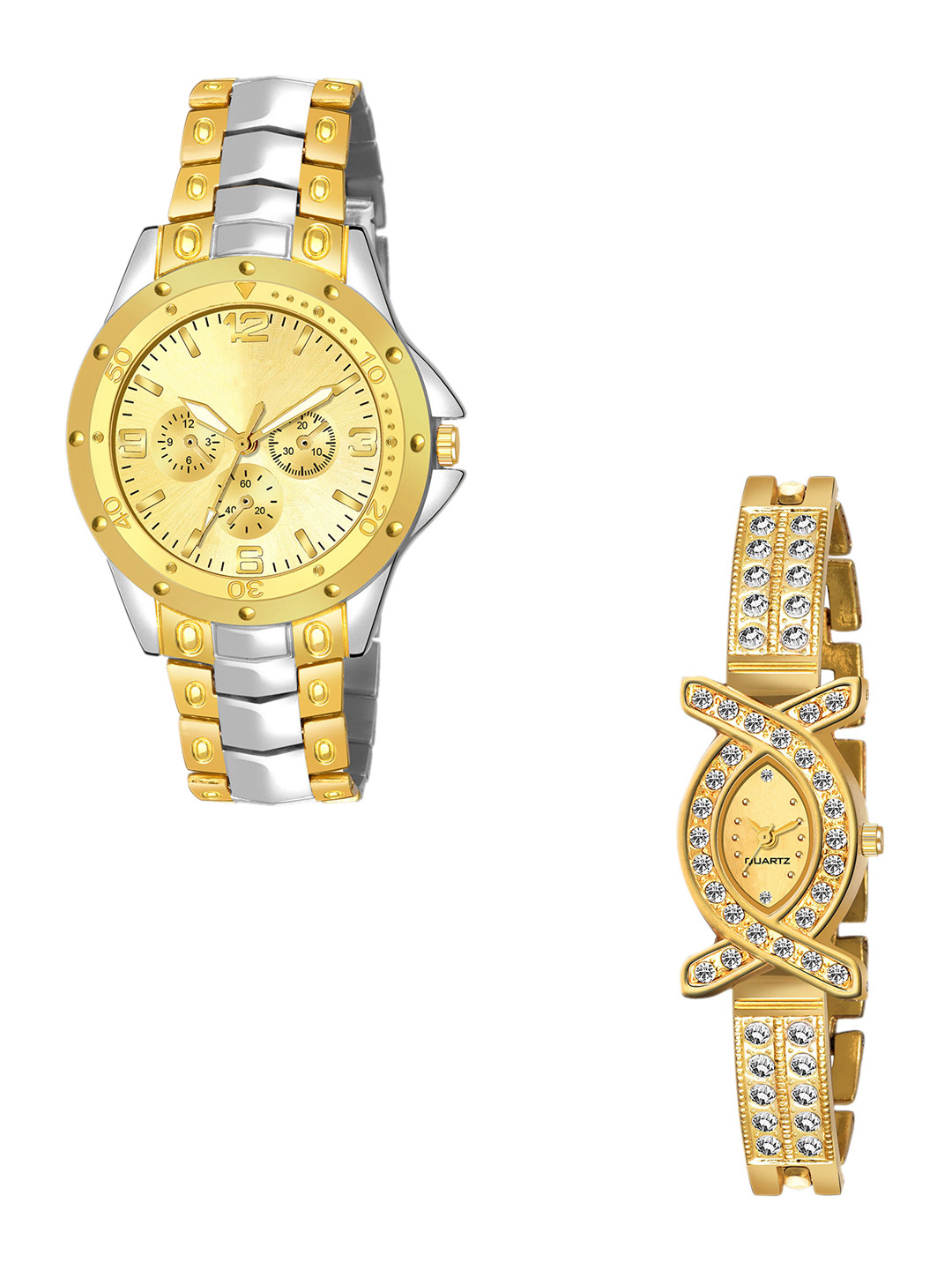 Gopal Shopcart Unisex Pack of 2 Embellished Analogue Watch Rosra_Silver_gold_goldDial_AKS1
