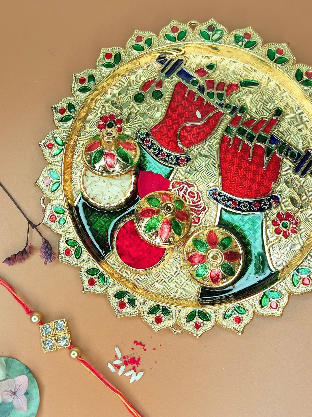 Anouk Diamond Rakhi With Quirky Card & Pooja Thali