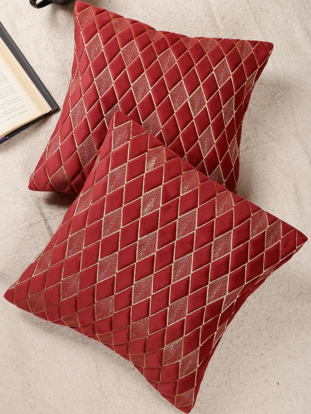Maroon Color Diamond Shaped Embroidered Design, Set of 2 Pieces Velvet Cushion Cover