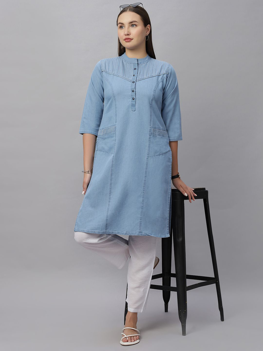 SK Creation ZK PATTERN ZL Women Band Collar Denim Straight Kurta