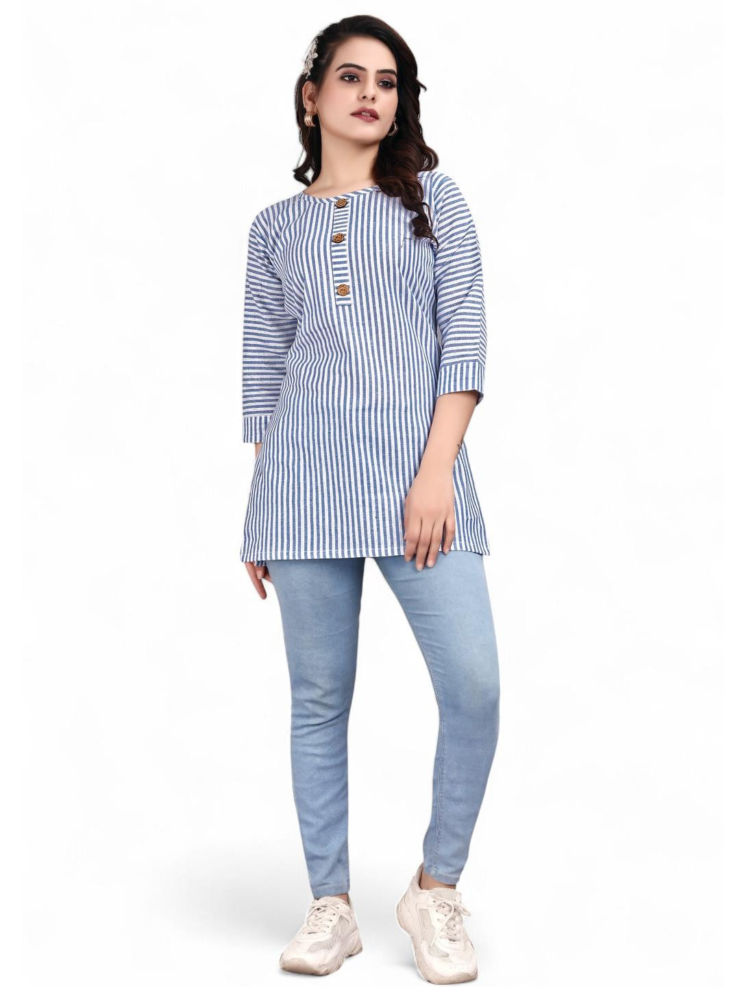 Fabtown Blue & White Striped Khadi Tunic Top