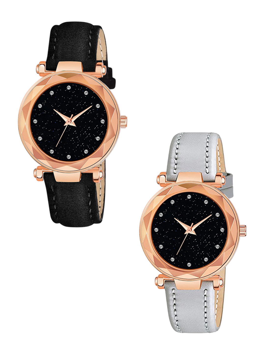 CSAMON Set Of 2 Women Embellished Dial Analogue Watch GR379RG 12D BLK Vel GREY L