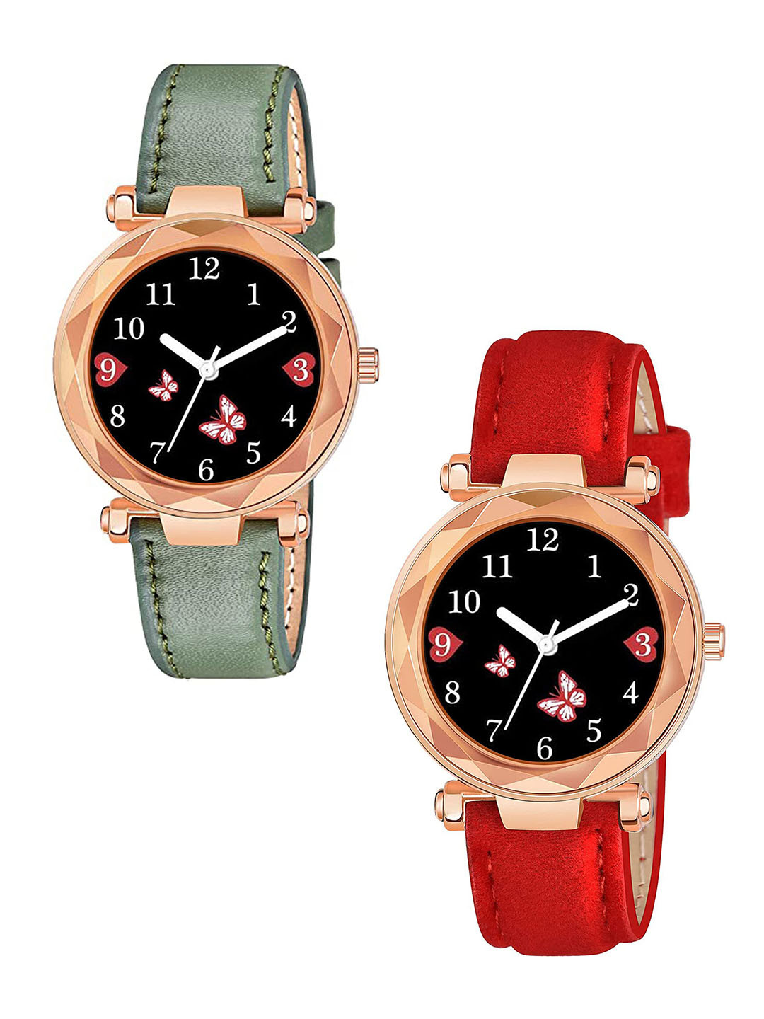 CSAMON Women Pack Of 2 Printed Dial & Straps Analogue Watch GR379RG BFly GRE RED Vel L