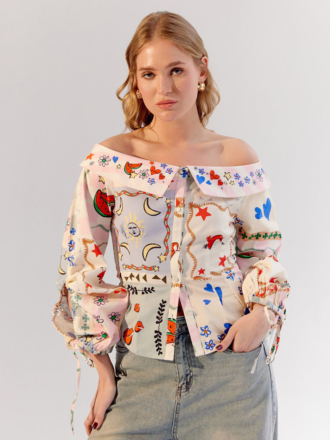 NOIB Women Sage Floral Printed Casual Off-Shoulder Cotton Top