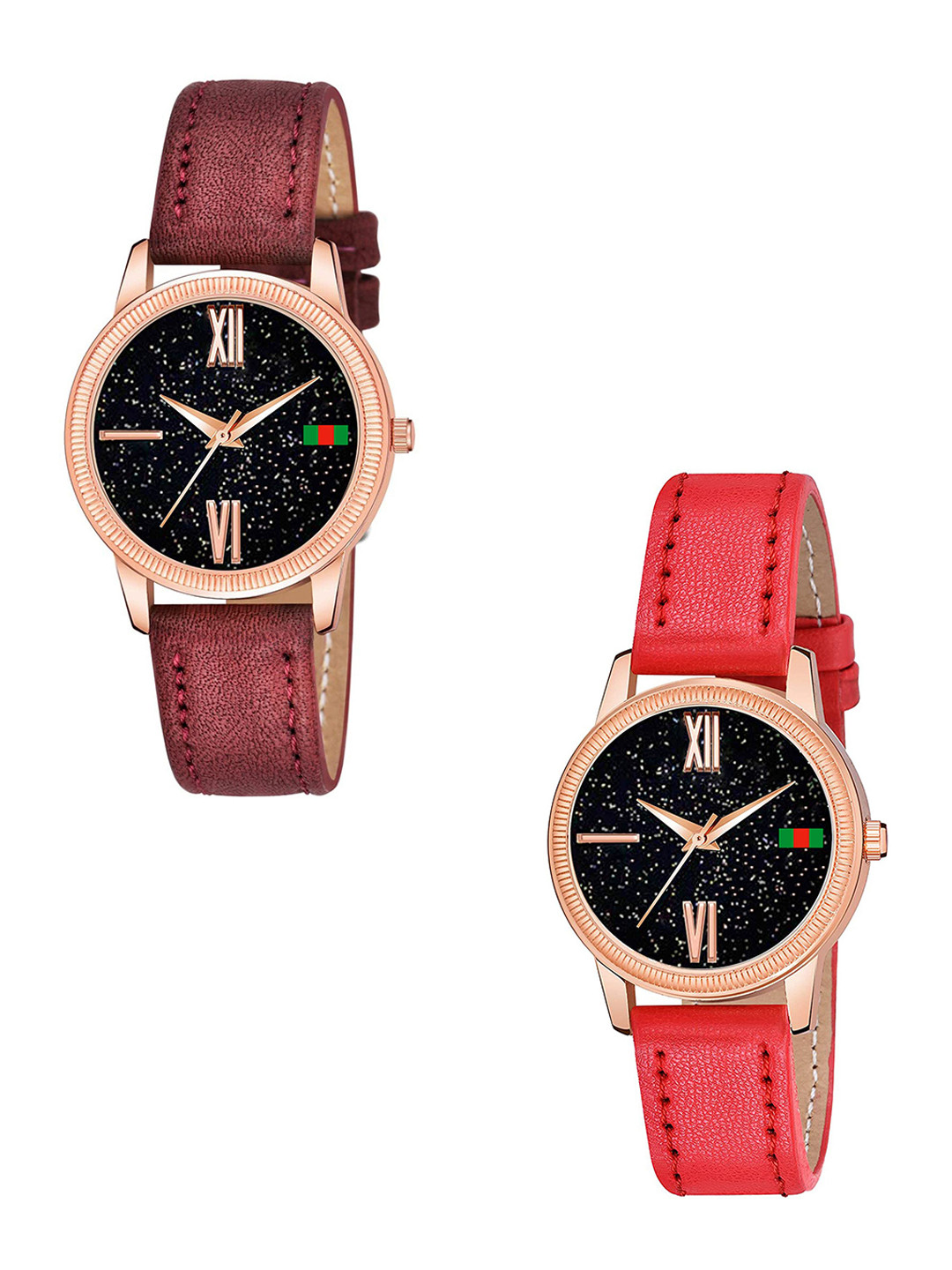 CSAMON Women Pack of 2 Printed Dial & Straps Analogue Watch C25RG Roman MRO RED L