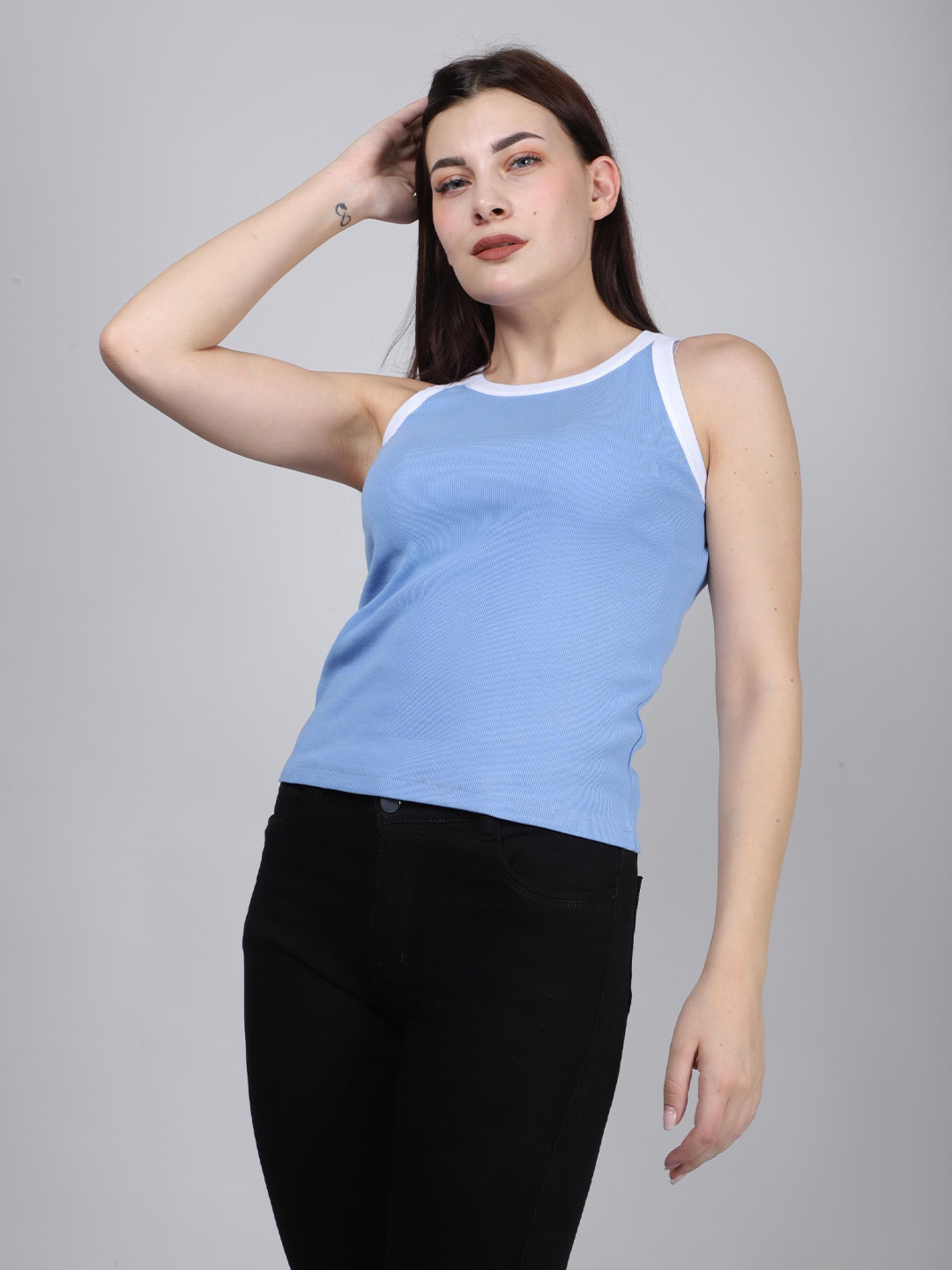 SWISHIN Women Round Neck No Sleeves Cotton Top