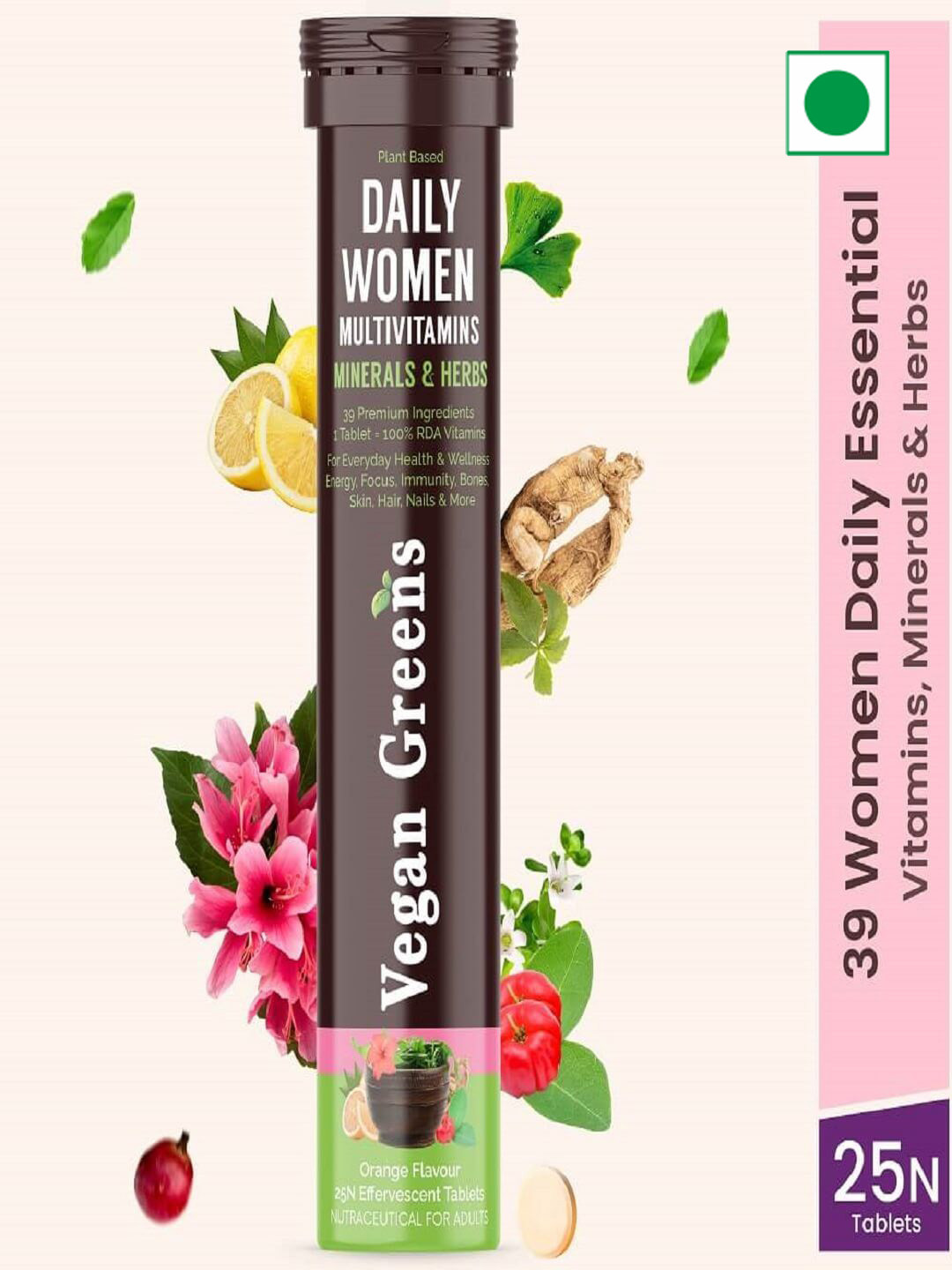 Vegan Greens Daily Women Multivitamins - 25 Effervescent Tablets