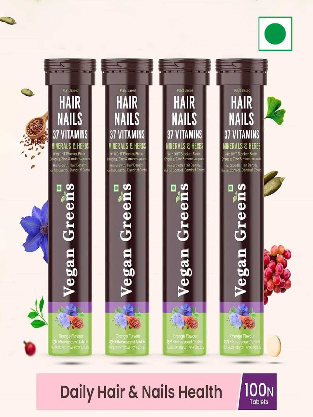 Vegan Greens Set Of 4 Hair & Nails Vitamins With DHT Blocker- 25 Tablets Each- Orange