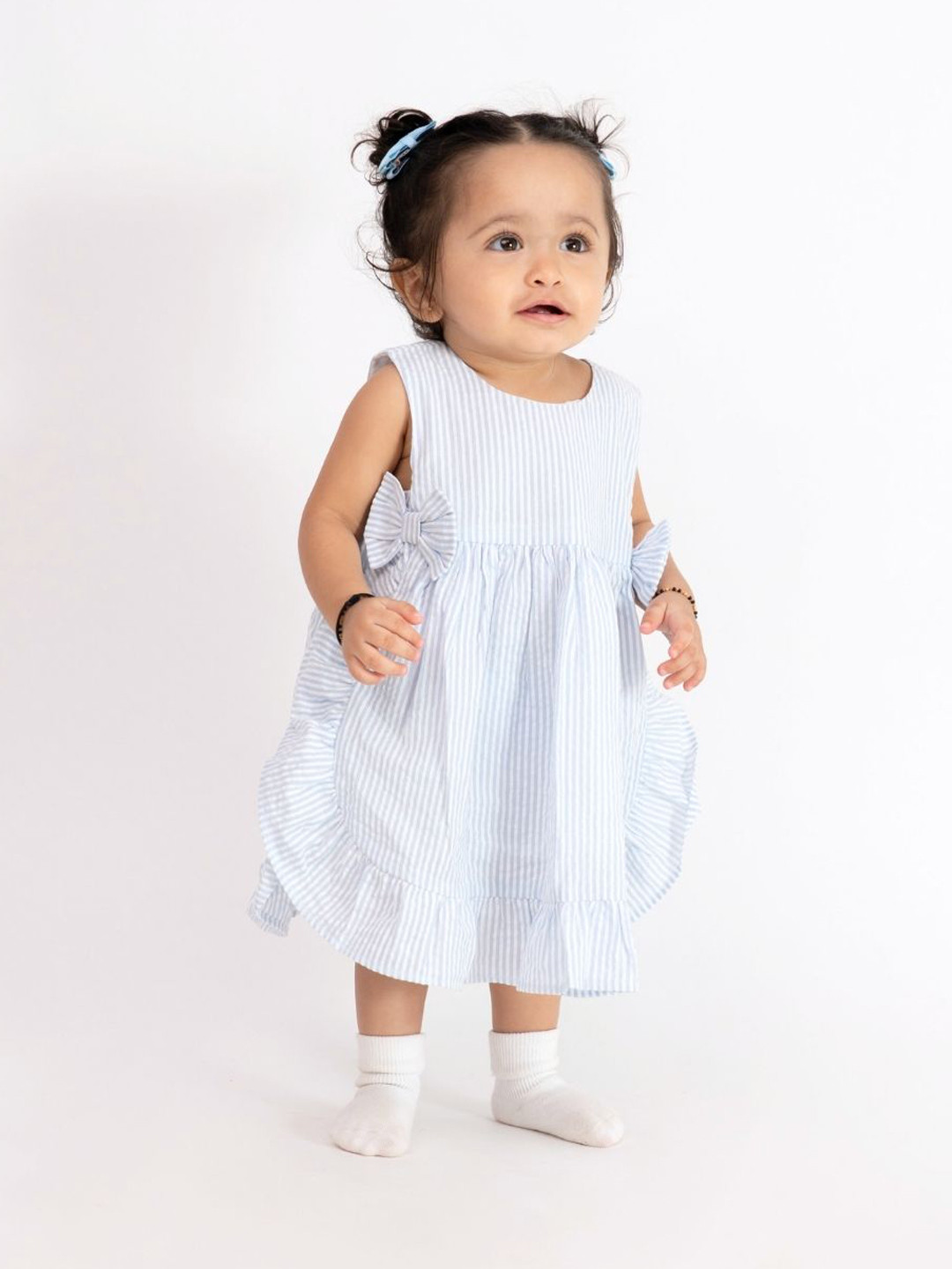 haus & kinder Girls Light Blue Cotton Bowlet Frock with Blommer