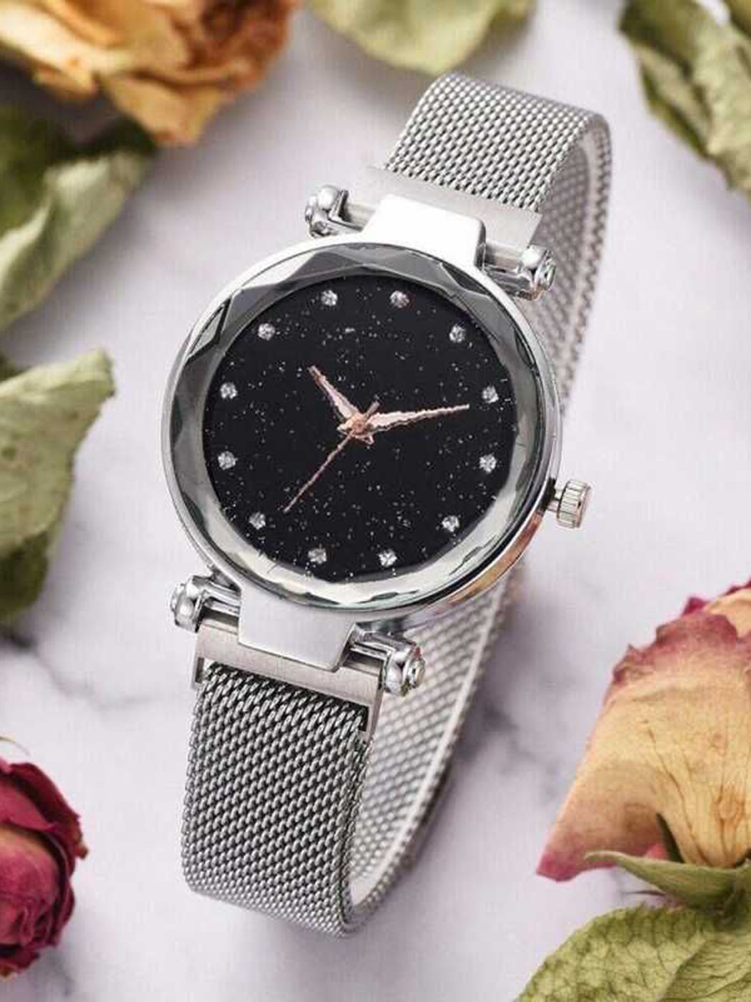 SELLORIA Magnetic Women Embellished Bracelet Style Analogue Watch 12Diamnd_ Silver_Magnet