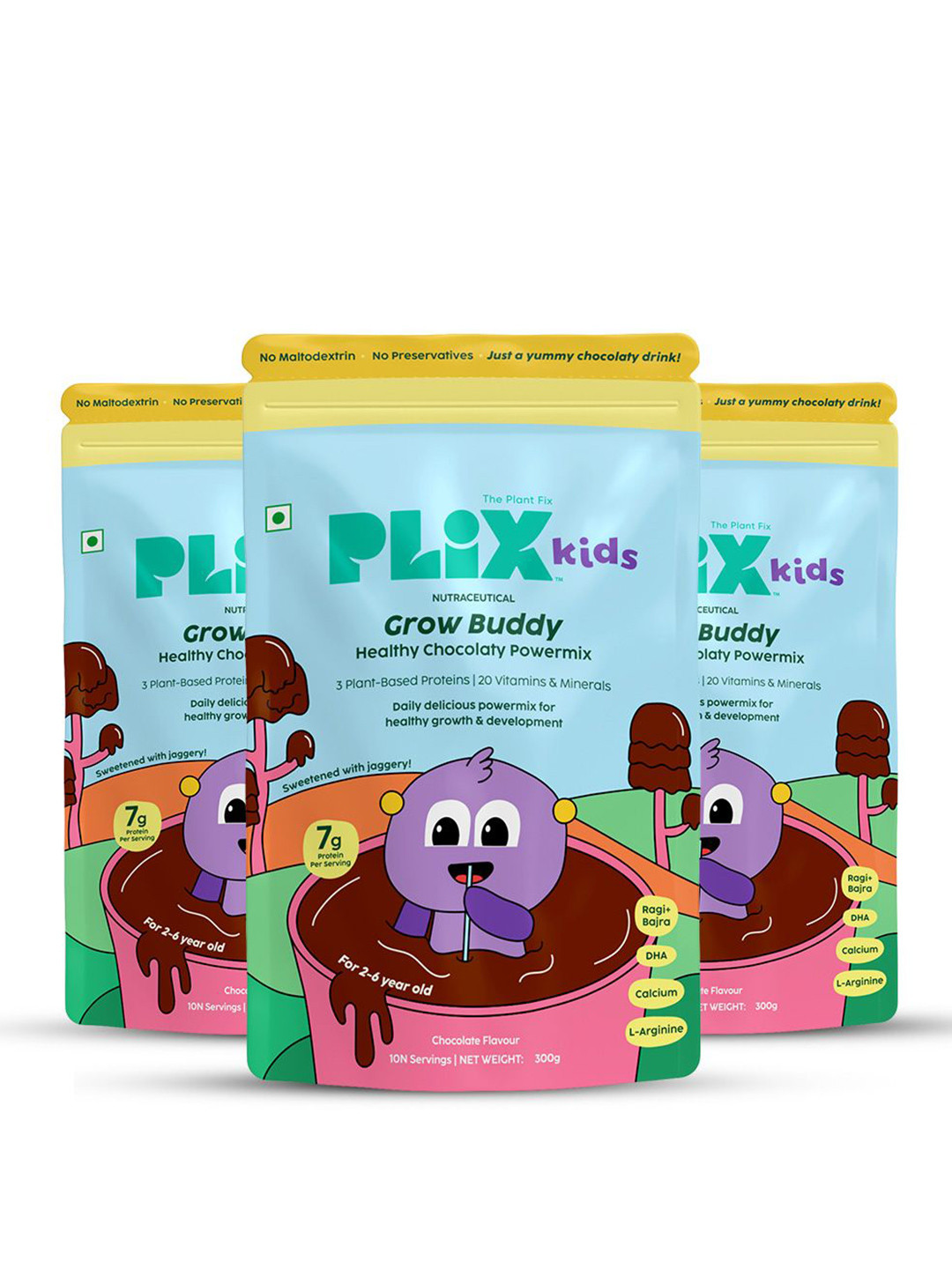 PLIX THE PLANT FIX Set Of 3 Grow Buddy Powermix Plant Protein- 300 g Each- Chocolate